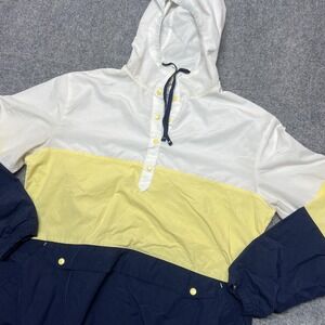 Columbia PFG Jacket Womens Large White Yellow Navy Hooded Pullover Windbreaker